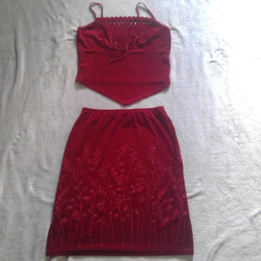 Vintage Red Velvet Medium Crop Top and Skirt Set